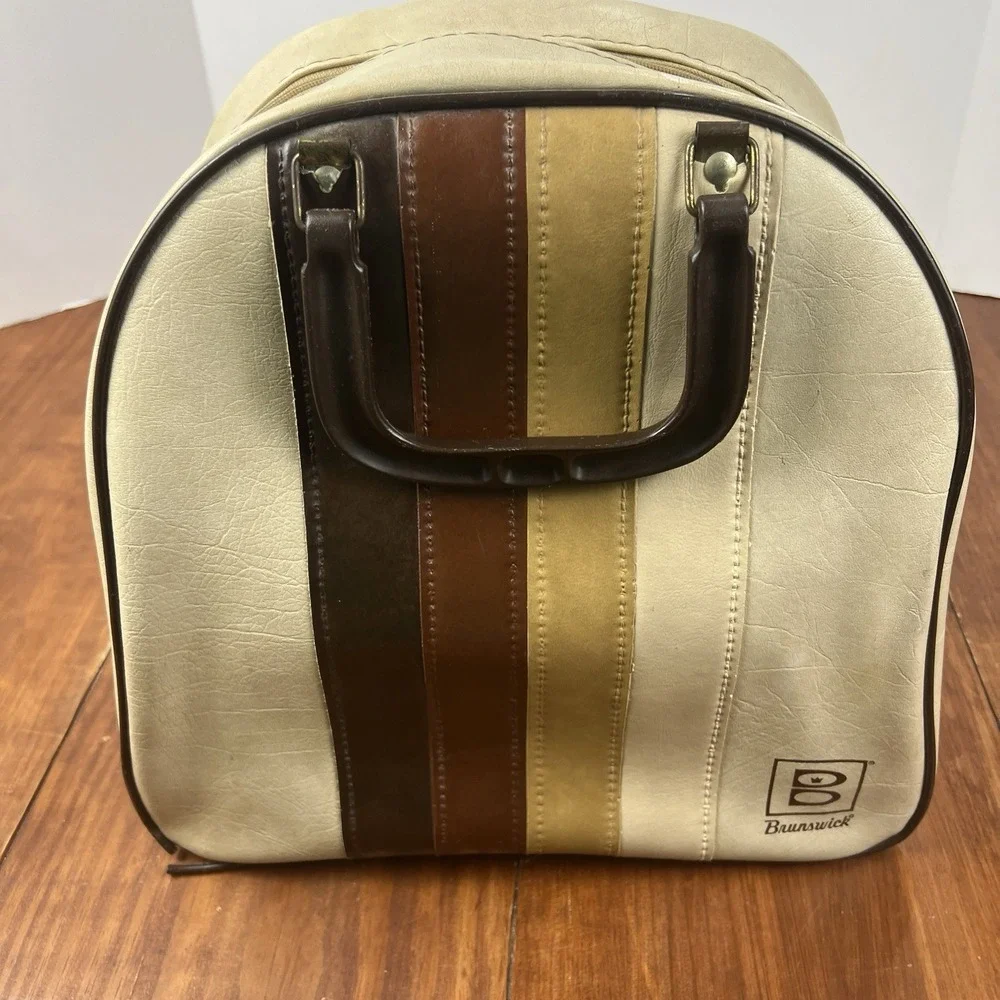 Vintage Brunswick Bowling Ball Bag Retro Striped Cream Brown Tan 1970s
